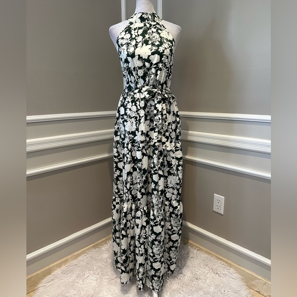 NWT Women's Halter Neck Maxi Layer Dress in Green & Floral Print - Picture 1 of 13
